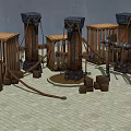 Wooden Crates And Metal Structures For Garden Decor With Stacked Blocks