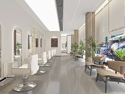 Modern Beauty Salon Interior With White Styling Chairs Mirrors And Green Plants 3d model