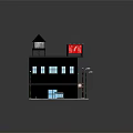Miniature Two Story Building Model With Coca Cola Billboard Water Tower And Street Lamps