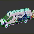 White and Blue Cutwater Spirits Delivery Van with Roof Rack and Beverage Cans Design
