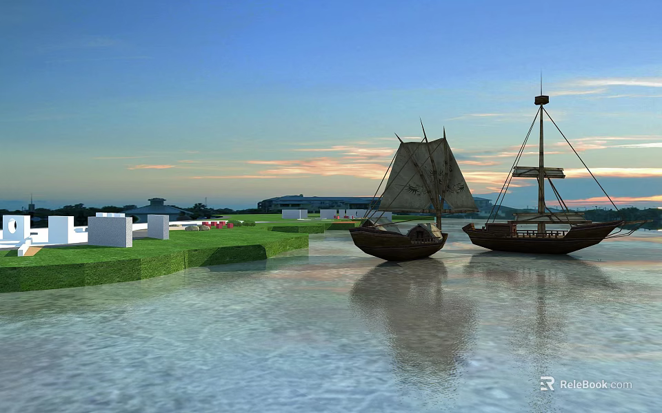 Sailboats On Calm Water With Sunset Sky Reflections And Green Grass White Buildings 3d model 