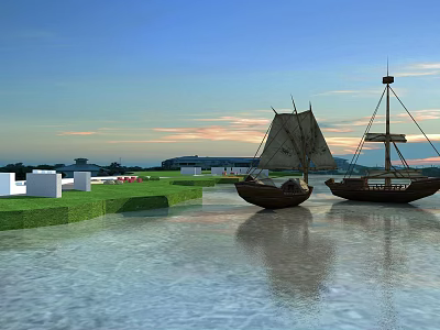 Sailboats On Calm Water With Sunset Sky Reflections And Green Grass White Buildings 3d model
