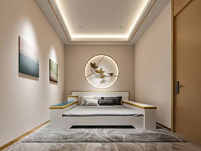 Modern Bedroom Interior With Circular Bird Decor Bed Wall Paintings Area Rug And Ceiling Lights 3d model