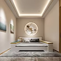 Modern Bedroom Interior With Circular Bird Decor Bed Wall Paintings Area Rug And Ceiling Lights