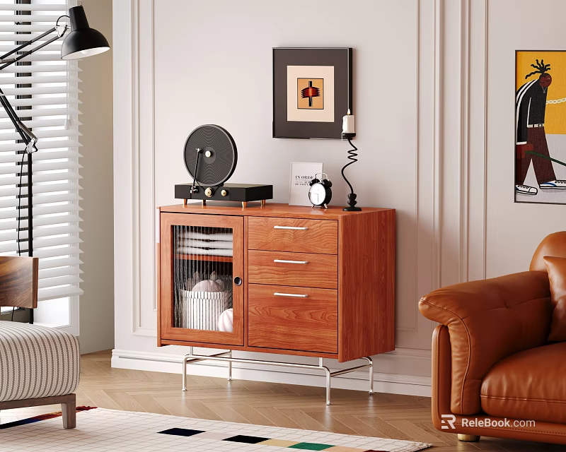 Wooden Entryway Side Cabinet With Glass Doors Drawers And Decorative Items In Living Room 3d model 