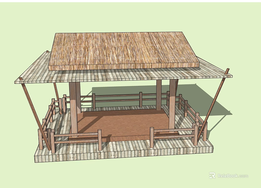 Traditional Garden Landscape Featuring Thatched Roof Pavilion Wooden Platform And Railings 3d model 