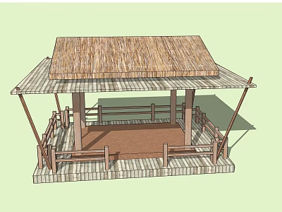 Traditional Garden Landscape Featuring Thatched Roof Pavilion Wooden Platform And Railings 3d model