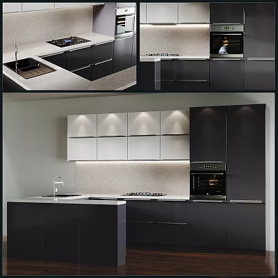 Modern Black And White Kitchen Interior With Island Counter Oven And Cabinets 3d model