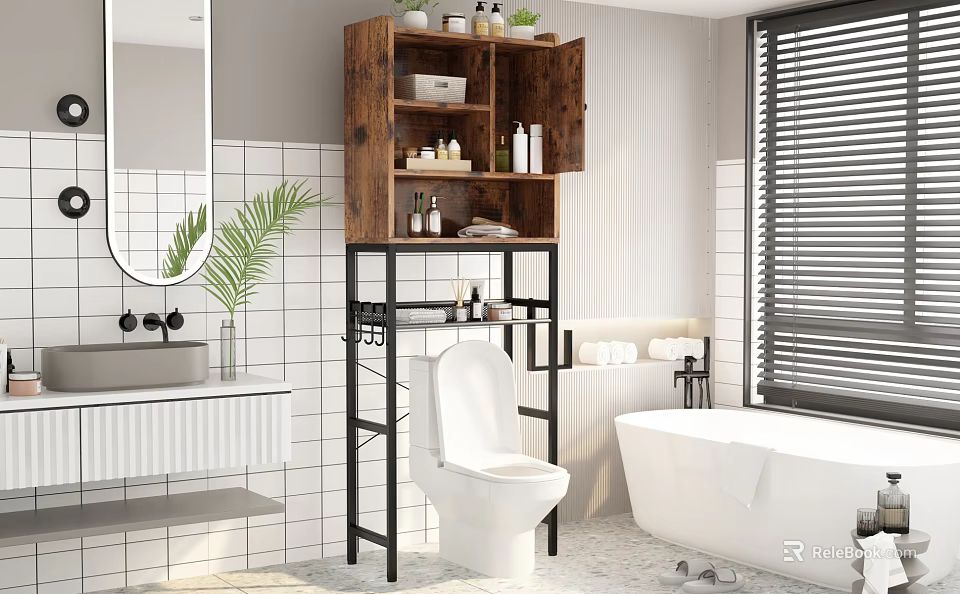 Modern Bathroom Interior With Toilet Bathtub Wooden Cabinet Metal Rack Round Mirror And White Tiles 3d model 