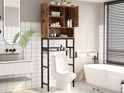 Modern Bathroom Interior With Toilet Bathtub Wooden Cabinet Metal Rack Round Mirror And White Tiles 3d model