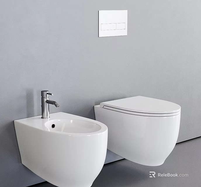 Modern White Toilet And Bidet In Sleek Bathroom With Gray Wall Design 3d model 