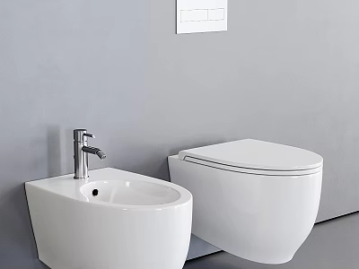 Modern White Toilet And Bidet In Sleek Bathroom With Gray Wall Design 3d model