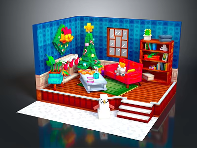 Christmas Themed Indoor Room With Blue Walls Christmas Tree Red Sofa Bookshelf And Snowman Decoration 3d model