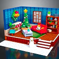 Christmas Themed Indoor Room With Blue Walls Christmas Tree Red Sofa Bookshelf And Snowman Decoration
