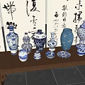 Traditional Chinese Calligraphy Art with Blue and White Porcelain on Wooden Table