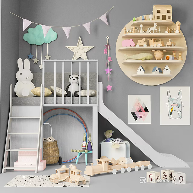 Kids Playroom Interior With Bunk Bed Slide Toy Shelves Star Cloud Decorations And Storage Baskets 3d model 