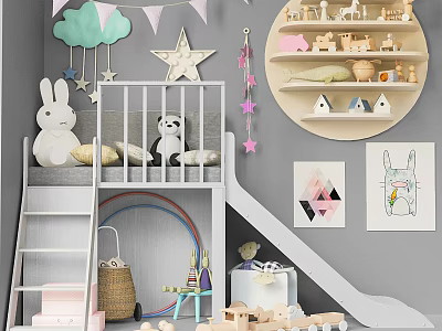 Kids Playroom Interior With Bunk Bed Slide Toy Shelves Star Cloud Decorations And Storage Baskets 3d model