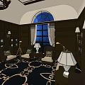 Elegant Hotel Public Lounge Area With Opulent Chandelier Dark Wooden Walls And Patterned Carpet