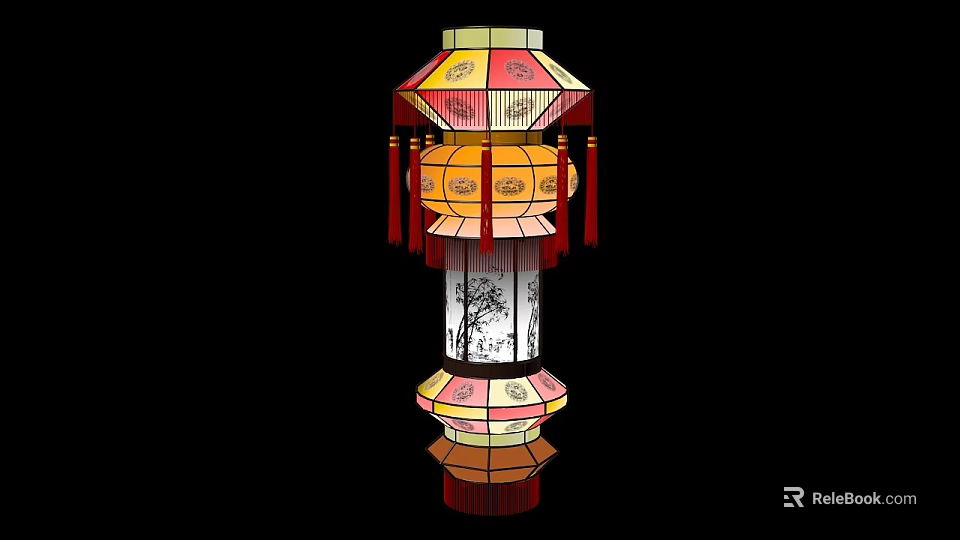 Traditional Chinese Lantern With Red Tassels Multilayer Structure And Decorative Patterns 3d model 