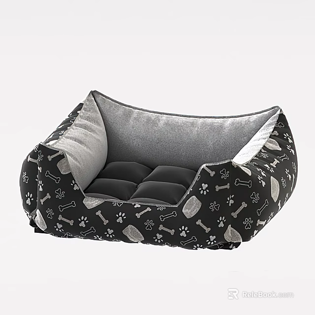 Comfortable Pet Bed With Black Cover Featuring Bone And Paw Prints And Gray Soft Cushion 3d model 