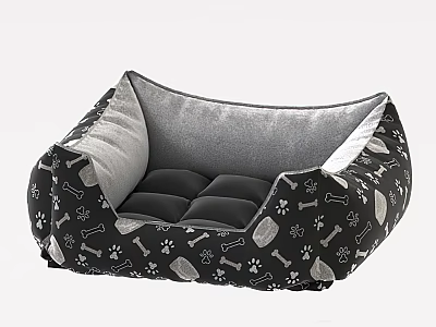 Comfortable Pet Bed With Black Cover Featuring Bone And Paw Prints And Gray Soft Cushion 3d model