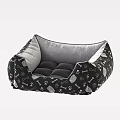 Comfortable Pet Bed With Black Cover Featuring Bone And Paw Prints And Gray Soft Cushion