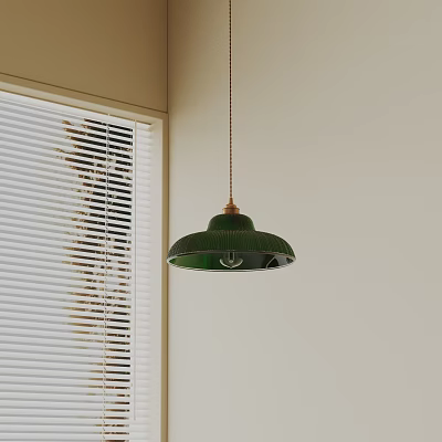 Green Minimalist Pendant Light Hanging By Window Blinds With Light Colored Wall And Natural Light 3d model