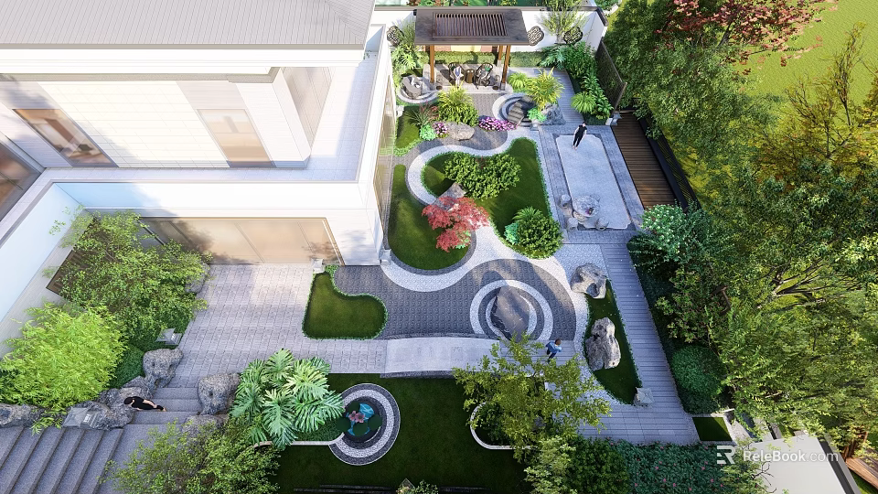 Modern Garden Feature Wall With Landscaped Pathway Green Plants And Water Feature 3d model 