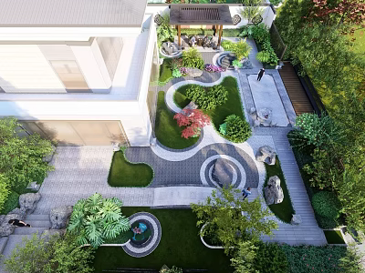 Modern Garden Feature Wall With Landscaped Pathway Green Plants And Water Feature 3d model