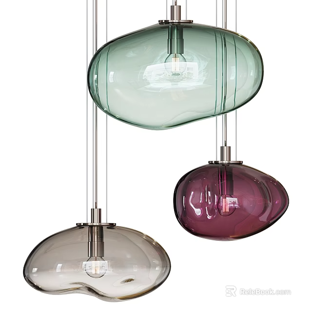 Three Modern Glass Pendant Lights Featuring Green Purple and Clear Hues Hanging Design 3d model 