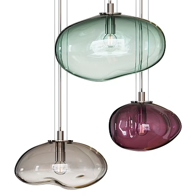 Three Modern Glass Pendant Lights Featuring Green Purple and Clear Hues Hanging Design 3d model