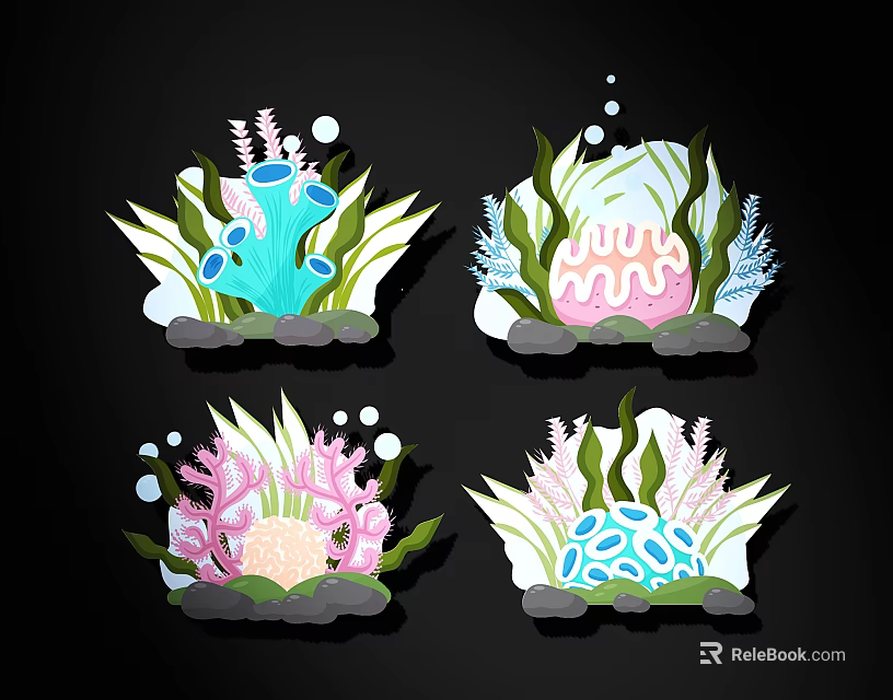 Colorful Coral and Seagrass Wall Decor with Bubbles and Green Leaves 3d model 