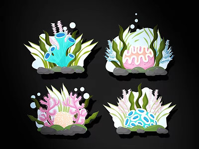 Colorful Coral and Seagrass Wall Decor with Bubbles and Green Leaves 3d model