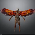 Woman in leopard print dress with red and orange feathered wings and white headpiece