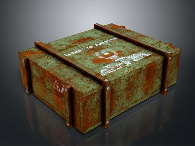 Rusty Wooden Crate For Dangerous Goods With White Warning Label And Metal Straps 3d model