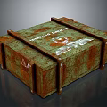 Rusty Wooden Crate For Dangerous Goods With White Warning Label And Metal Straps