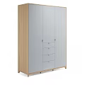 Modern Oak Wardrobe Featuring White Panel Doors and Multiple Storage Drawers 3d model
