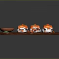 Fresh Salmon Sushi Pieces Served on Wooden Tray with Soy Sauce and Wasabi
