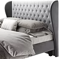 Modern Gray Double Bed With Tufted Headboard Pillows Blanket And Bedding 3d model