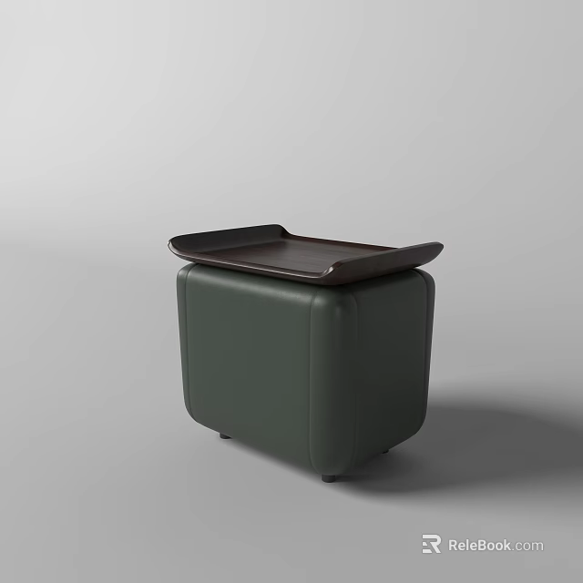Modern Green Leather Sofa Stool With Wooden Tray Top For Living Room 3d model 