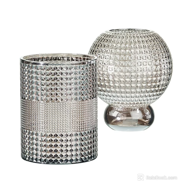 Elegant Silver Textured Ceramic Vessels For Home Decor With Cylindrical And Spherical Designs 3d model 