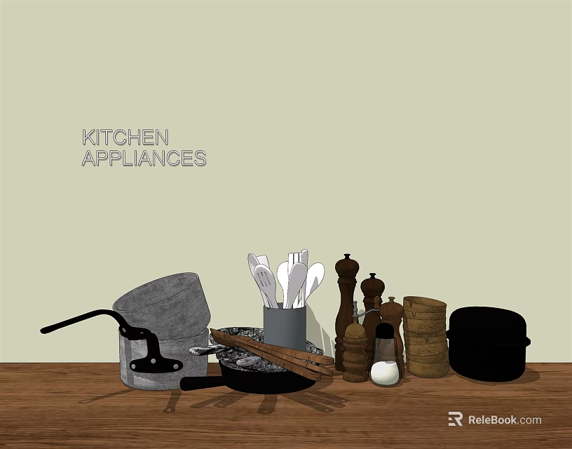 Essential Kitchen Appliances With Pots Spatulas Grinders And Utensils On Wooden Table 3d model 