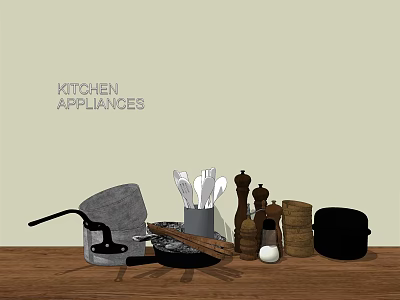 Essential Kitchen Appliances With Pots Spatulas Grinders And Utensils On Wooden Table 3d model