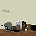 Essential Kitchen Appliances With Pots Spatulas Grinders And Utensils On Wooden Table