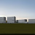Modern Office Buildings With Glass Facades Surrounded By Green Lawn Trees And People Walking