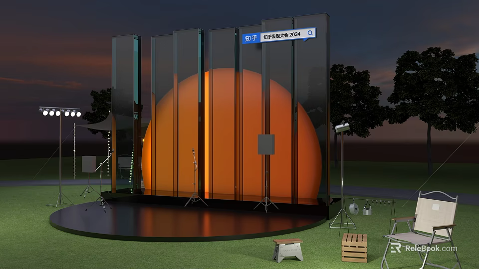 Outdoor Stage Setup With Orange Circular Structure Glass Curtain Wall And Lighting Equipment At Sunset 3d model 