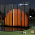 Outdoor Stage Setup With Orange Circular Structure Glass Curtain Wall And Lighting Equipment At Sunset