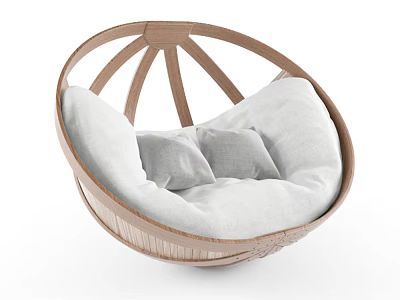 Cozy Round Light Brown Rattan Lazy Sofa With White Cushions And Soft Padding 3d model