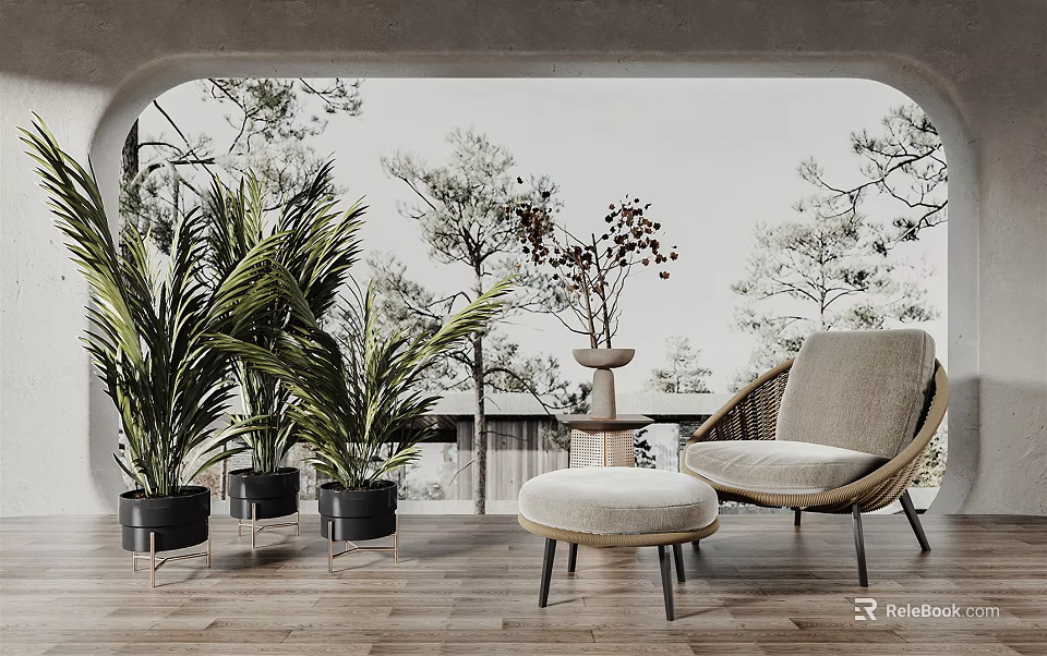Wicker Accent Chair with Green Plants and Ottoman by Large Window Trees View on Wooden Floor 3d model 