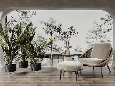 Wicker Accent Chair with Green Plants and Ottoman by Large Window Trees View on Wooden Floor 3d model